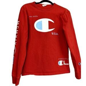 CHAMPION Boys Youth Long Sleeve Scarlet Red T‎ Shirt Crew Neck Sz S